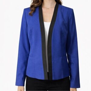 Kasper Suit Jacket Blazer 12 Blue Black Trim Open Front Classic Career Polyester